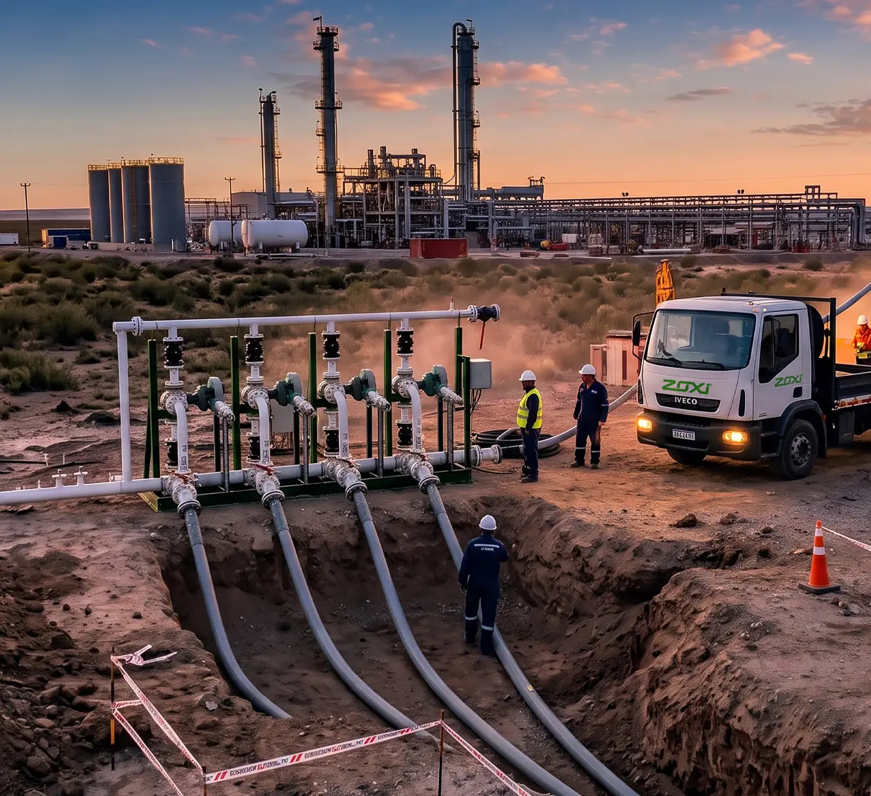 Instalación de cañería flexible Z-FleX en una zanja de yacimiento petrolero de la Patagonia argentina