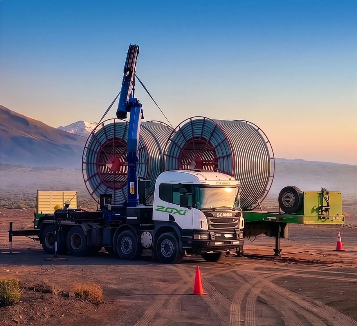 Camión de Zoxi transportando rollos de cañería flexible Z-FleX para respuesta local en la Patagonia argentina